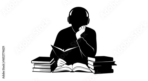 transparent background silhouette of student studying with headphones