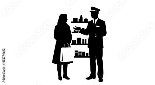 transparent background silhouette shopkeeper assisting customer illustration
