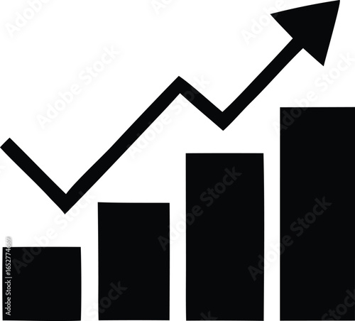 Black and white graphic of an upward trending bar chart with a jagged line graph indicating growth and progress