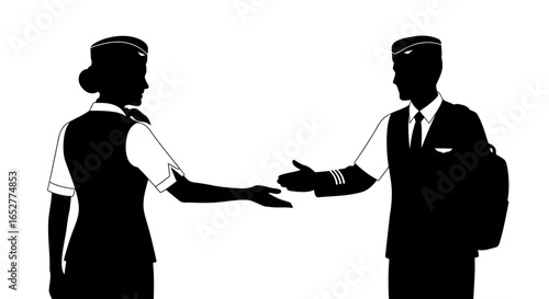transparent background silhouette pilot and flight attendant handshake