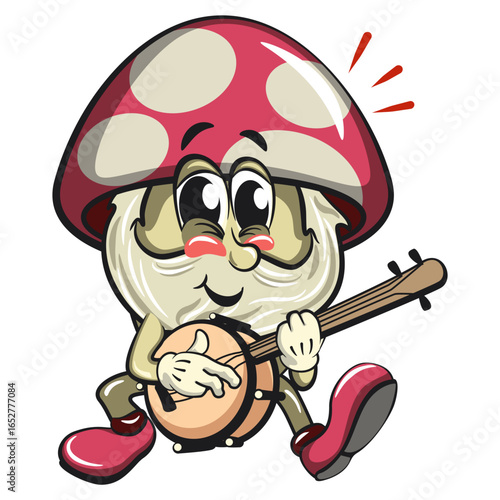 cute mushroom character cartoon mascot vector illustration playing the banjo musical instrumen, work of hand drawn