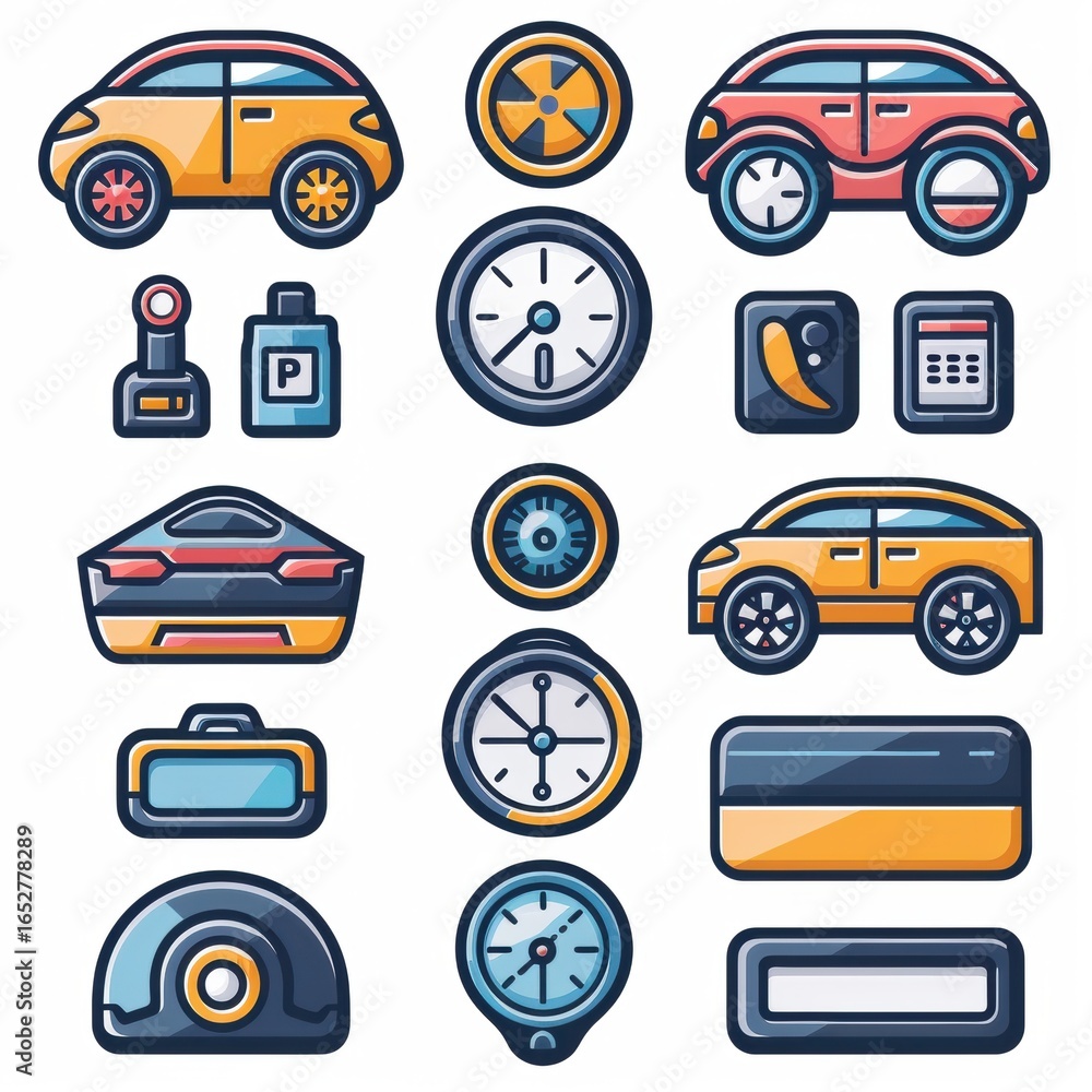 Naklejka premium Colorful Cartoon Car Icons and Dashboard Elements for Design Projects