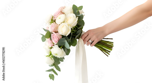 Elegant Hand Holding a Wedding Bouquet with Engagement Ring.