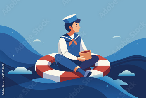 Boy in sailor uniform sitting on pillow “waves,” holding toy steering wheel and looking afar.