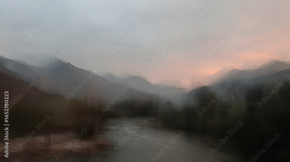 Fototapeta premium Misty mountain range with a river valley, enveloped in soft, muted colors, displays a tranquil and serene scene.