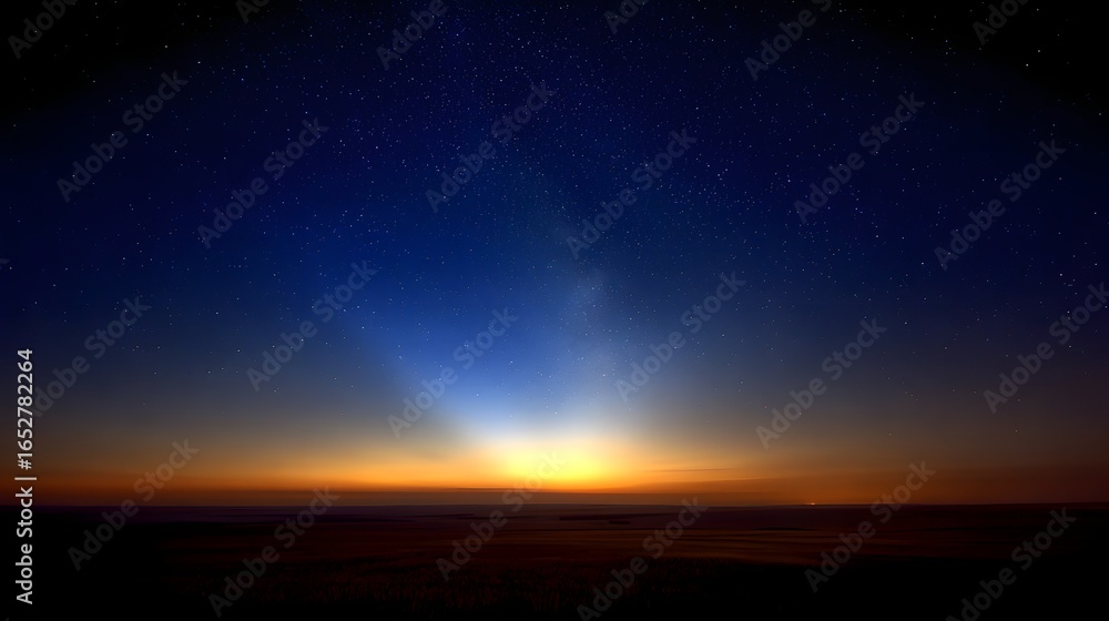 Fototapeta premium A breathtaking sunrise paints the vast expanse of the sky with vibrant colors, while countless stars glimmer in the darkening night above.