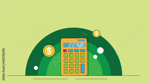 Colorful Calculator with Money Coins Line Art on Green. Income and profit calculation vector art