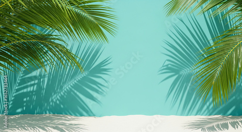 Fototapeta Naklejka Na Ścianę i Meble -  Teal background with palm leaves and shadows cast on white sand below, showcasing a summery beach scene ideal for product display or advertisement