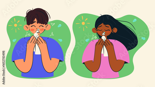 People sneeze in handkerchiefs due to seasonal allergies. Sick people suffer from allergies during the summer period. Isolated vector illustration.