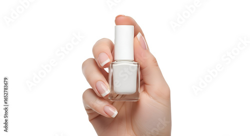 Hand Holding White Nail Polish Bottle with French Manicured Nails 1.
