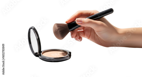 Makeup Application Hand Holding Brush Above Compact Powder for Beauty.