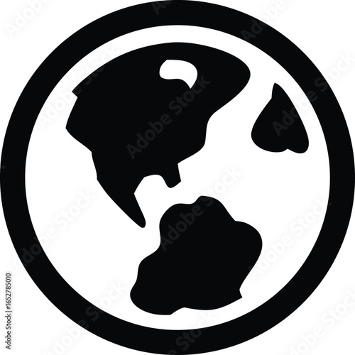 Stylized black and white icon of planet earth with continents clearly visible within a circular border