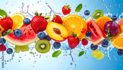 imagen hiperrealista de una explosión de frutas de temporada, con diversas frutas frescas (fresas, cerezas, melocotones, ciruelas, sandía, uvas, arándanos y naranjas) flotando en el aire