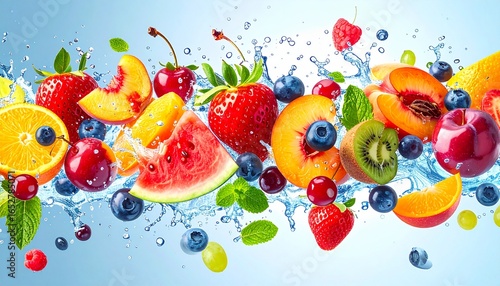 imagen hiperrealista de una explosión de frutas de temporada, con diversas frutas frescas (fresas, cerezas, melocotones, ciruelas, sandía, uvas, arándanos y naranjas) flotando en el aire