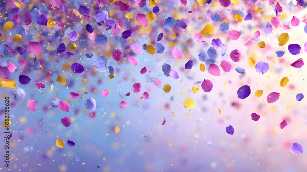 Naklejka premium A captivating display of colorful flower petals falling against a soft, pastel background, filled with vibrant hues and delicate details.