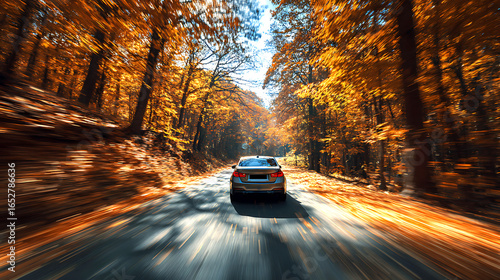 Rear view of a car speeding down a winding road through a vibrant autumn forest with motion blur, capturing the feeling of a fast-paced journey