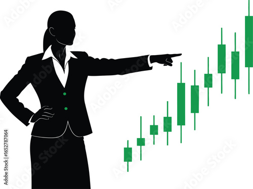 Silhouette of a businesswoman pointing at an upward trending green candlestick chart isolated on white background