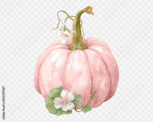 Watercolor pink pumpkin with blossom flower and vine, ideal for rustic wedding decor, romantic autumn crafts and cottagecore designs. Vector illustration.
