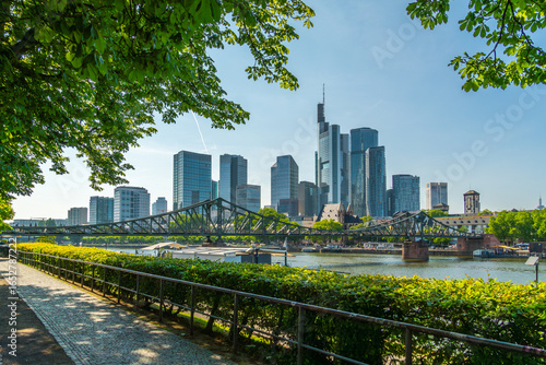 Frankfurt City Downtown, Bridge, Trees Branches and Main River on Sunny Day. Hesse, Germany