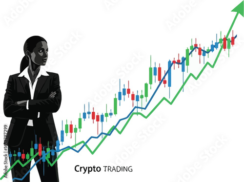 Businesswoman looking at crypto trading chart with rising trend isolated on white background