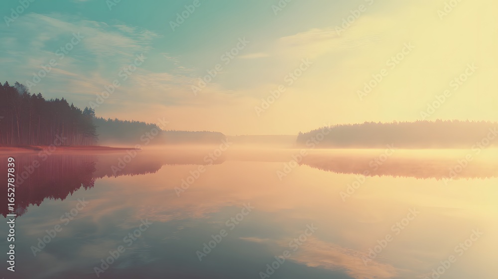 Fototapeta premium A serene lake at dawn, bathed in warm pastel hues, reflects the tranquil forest line through a hazy atmosphere.