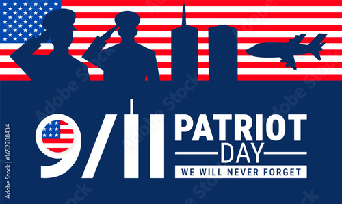 Patriot Day background, banner, card or poster design template is observed every year during 11 September. 911 Patriot Day with salute icon, American flag, Airplane and New York City.