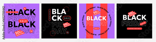 Black Friday Sale poster, flyer, web banner or label collection in black, red and purple colors with modern typography. Black Friday templates for advertising, social and fashion ads and sales 