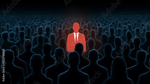 Person in red stand out in crowd,face forward with aura of confidence,dark background,copy space