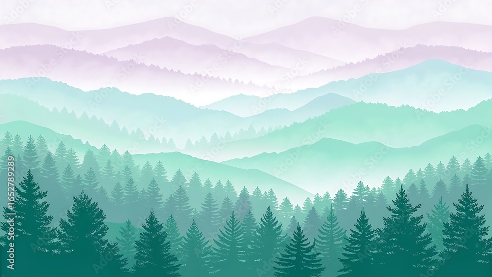 Fototapeta premium Serene Mountain Landscape with Evergreen Forest and Layers of Misty Hills in Soft Pastel Hues Perfect for Backgrounds and Wallpapers
