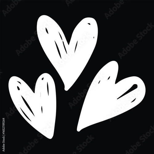 three handwritten silhouettes of hearts on a black background, symbolizing love and tenderness. The hearts have uneven, expressive contours.