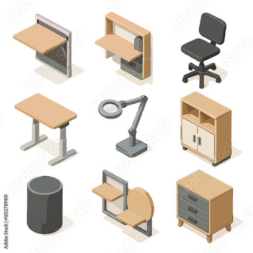 Modular vector storage shelf foldable icon stand smart desk isometric icons rotating