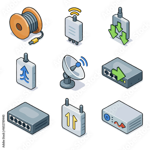 Switch uplink transmission core fiber signal vector packet data dish icon isometric