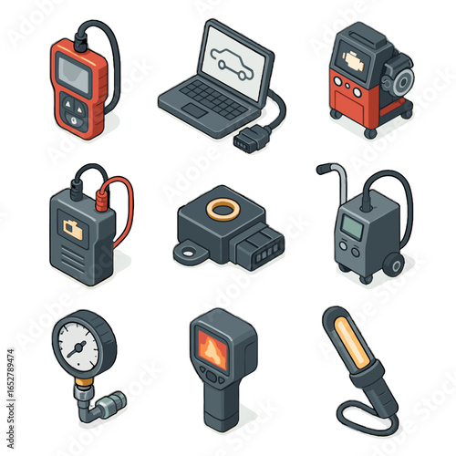 Laptop gauge inspection tester machine module diagnostic vector obd icon tools emissions