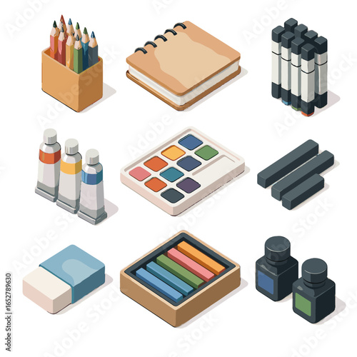 Eraser paint watercolor markers sticks icons pack colored charcoal supplies art vector
