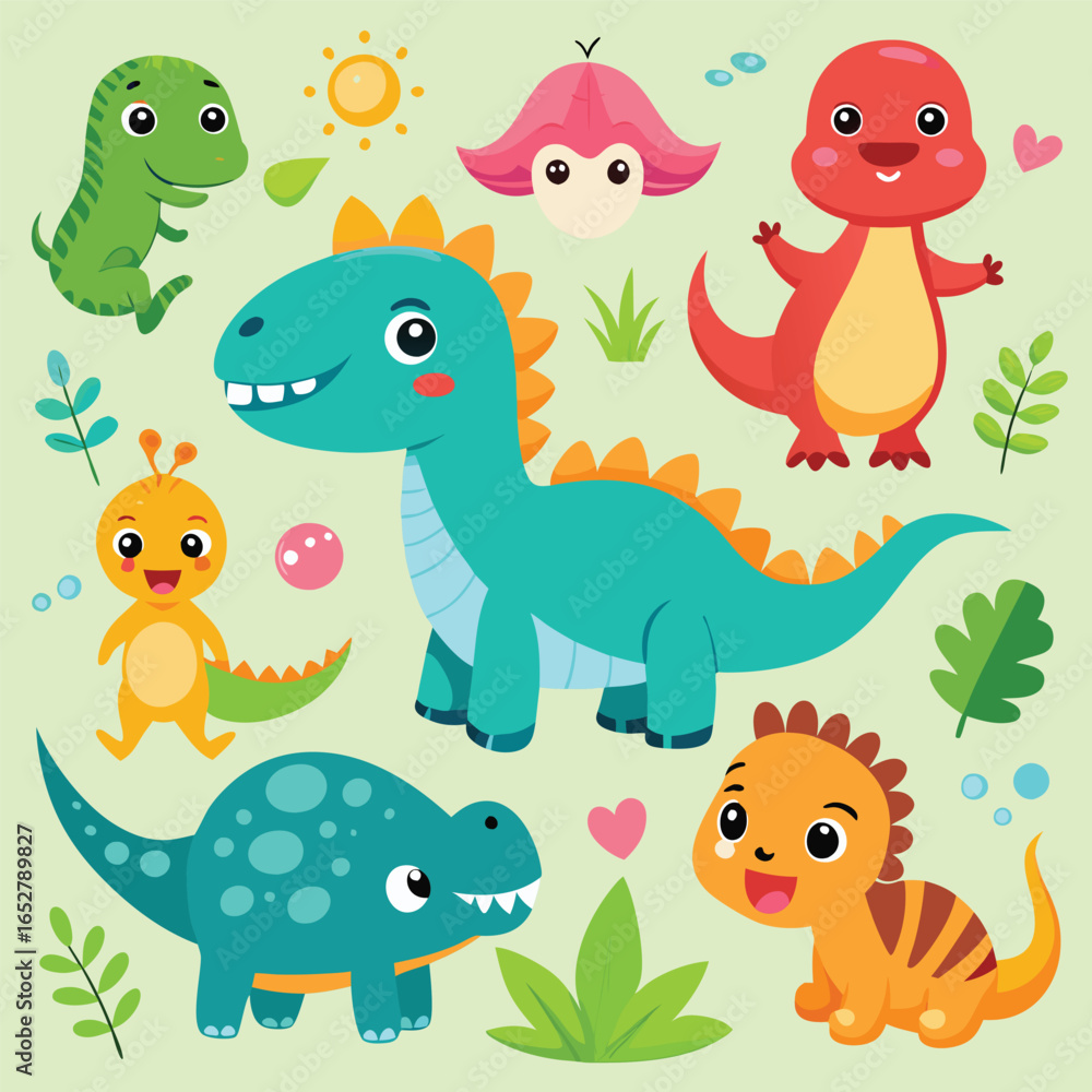 Naklejka premium Cute Dinosaur Illustrations: Cartoon Dino Characters for Kids' Projects