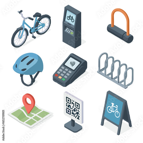 Essentials code city vector bike rental helmet icon map signboard lock rack
