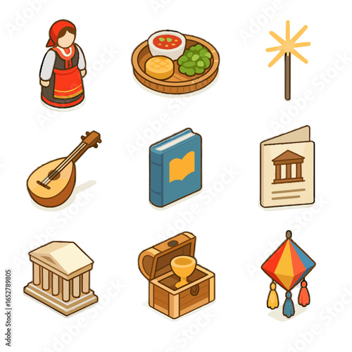 Learning cultural food model decor icon vector traditional icons museum figure pamphlet