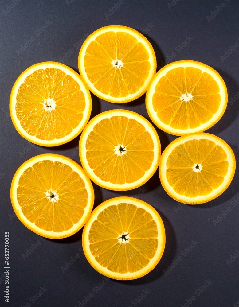 Obraz premium Orange slices arranged on dark background