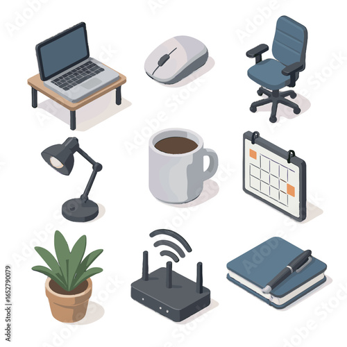 Mug essentials laptop plant coffee icon mouse chair remote desk work vector