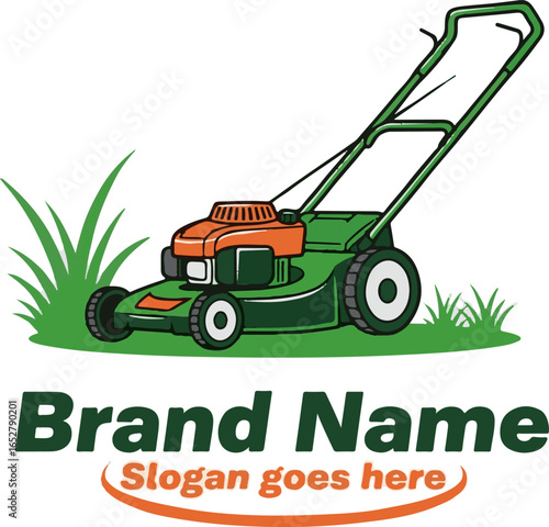Lawn mower cutting grass with Brand Name and Slogan goes here isolated PNG with Transparent Background