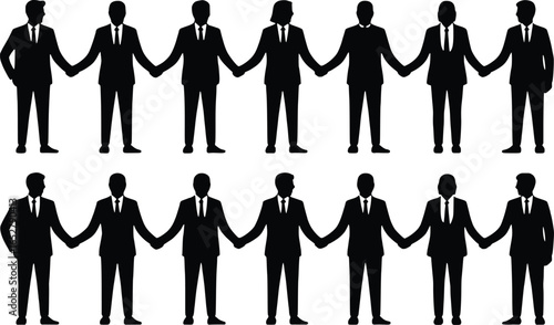 Silhouettes of businessmen holding hands in unity and teamwork