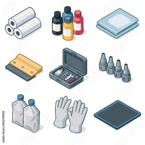 Shop toner essentials bags cloth ink vector icon print squeegee rolls maintenance