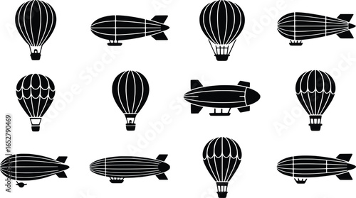 Collection of vintage airship and hot air balloon silhouettes