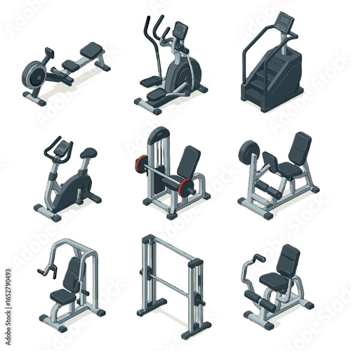 Equipment gym crossover crunch machine vector icon isometric stair bike fly rowing