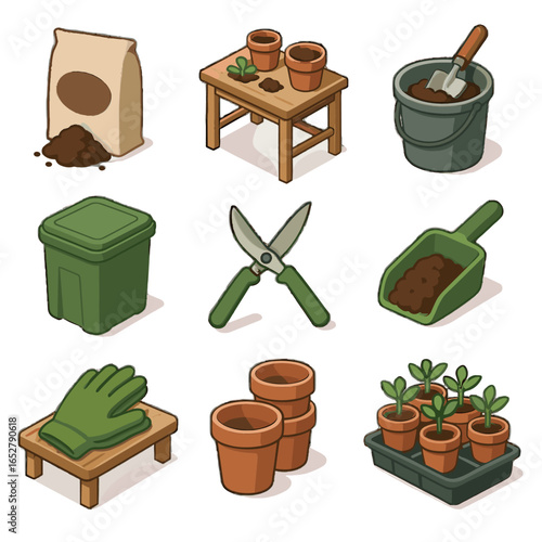 Bag vector trowel scoop planters station icon potting bucket root plant soil