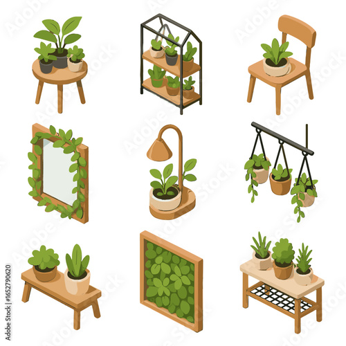 Vector furniture terrarium wall mirror holder plant icons table frame pot icon