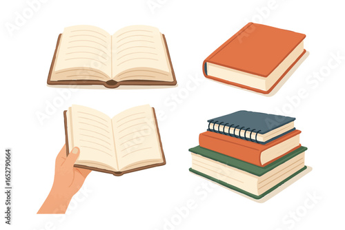 Different styles of books are displayed, including an open book held by hand, closed book, stacked books in various colors and bindings. Reading in library. Vector flat illustration