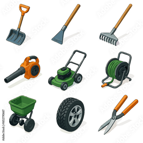 Vector seasonal hose blower tools garage lawn scraper spreader leaf icon shears