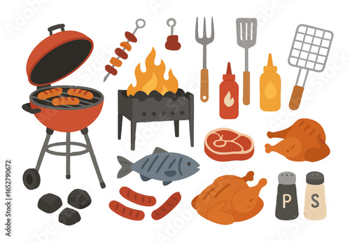 A barbeque set displays various meats including sausages, chicken, and fish alongside grilling tools and condiments. Summer cookout with friends and family. Vector flat illustration