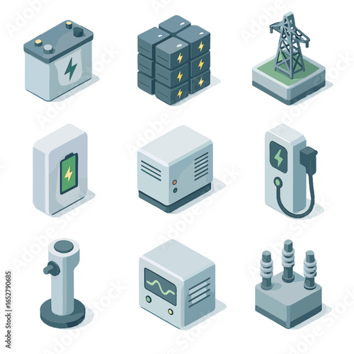 Power charge grid storage distribution charging vector lithium monitor icon energy icons